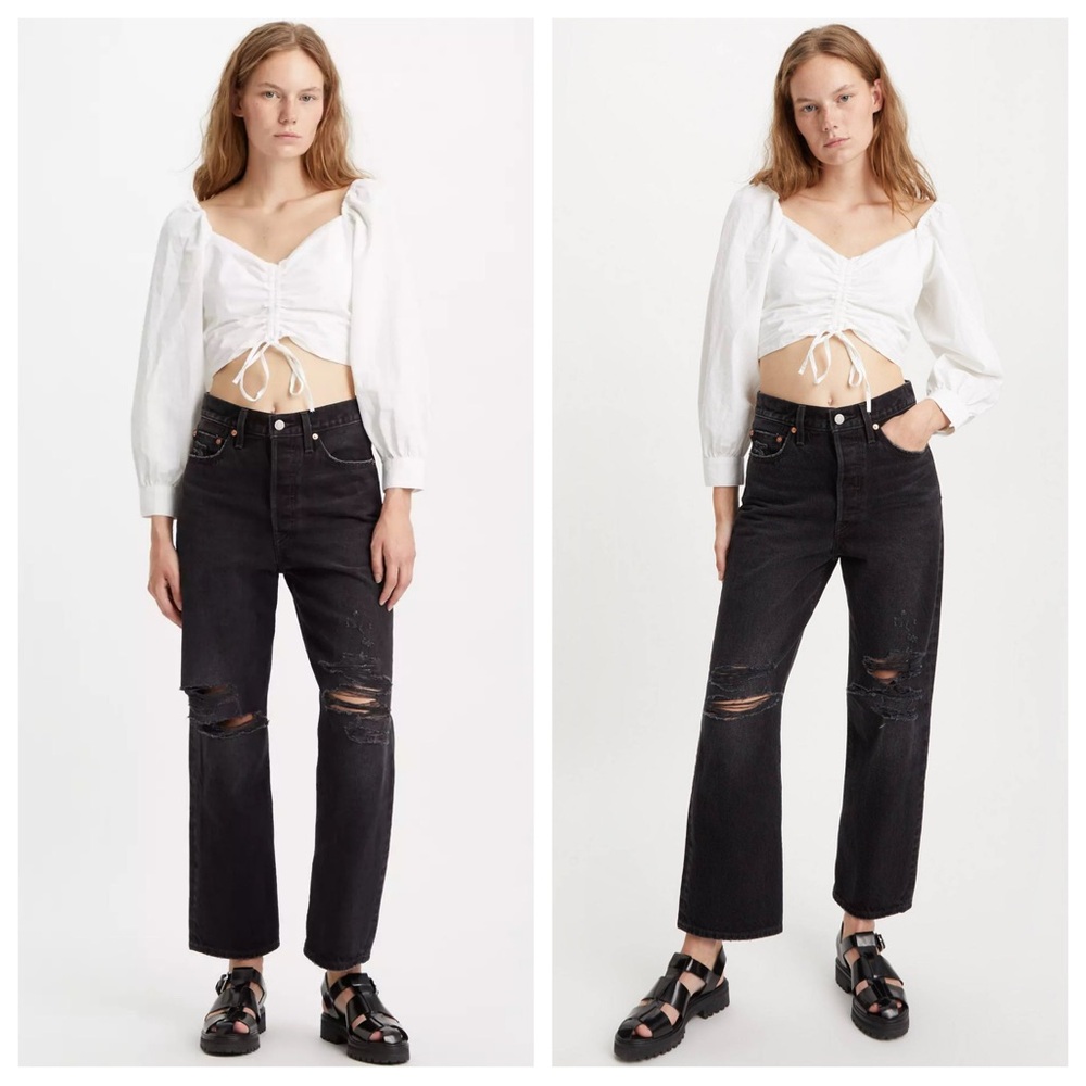 Levi's Ribcage Straight Straight Ankle Distressed Denim Jeans in Black